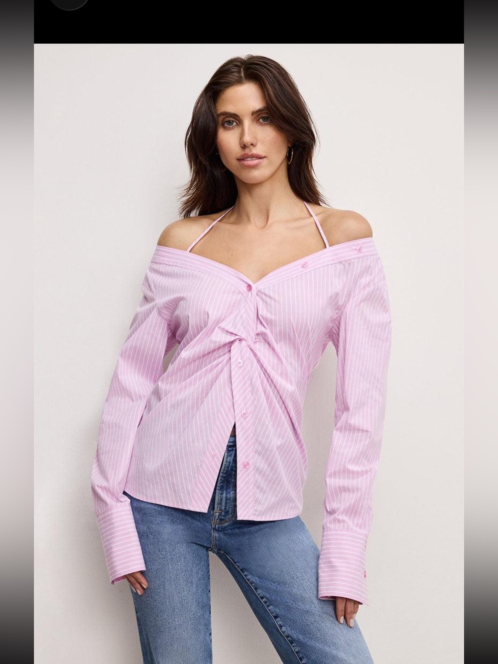 Good American Pink White Stripe Ruched Poplin Shirt Size L NWT
